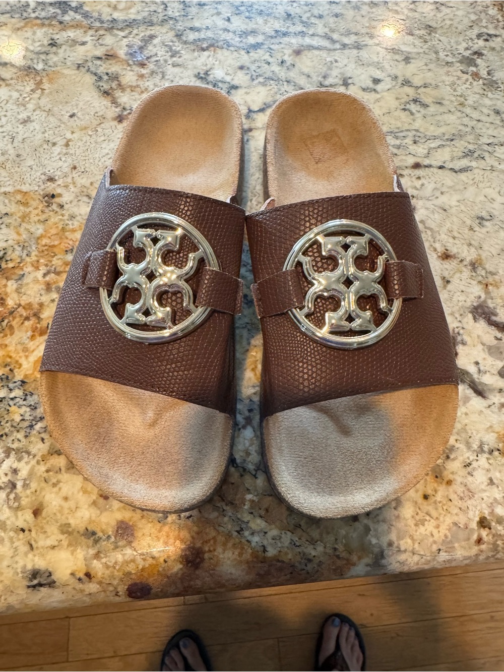 Brown Slide Sandals with gold  Logo Medallions